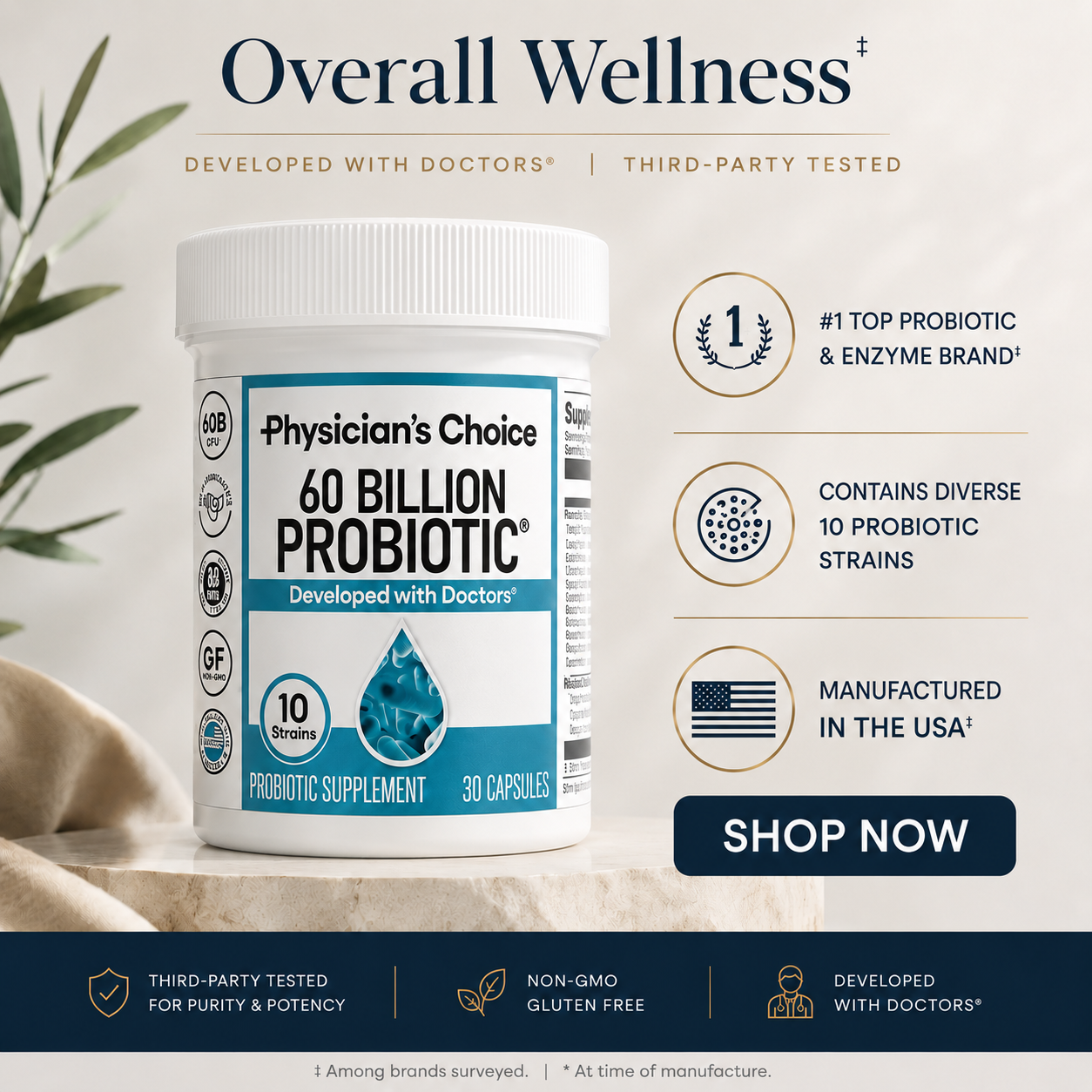 60 Billion CFUs. 10 Probiotic Strains.